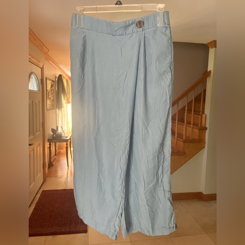 Zara Blue Chambray Asymmetric Front Wide Leg Pants